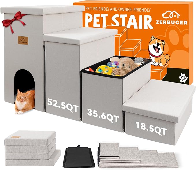 Zerbuger Dog Stairs with Condo 23" H, 4-Step Wider Folding Storage Pet Stairs Gift for Small/Medium/Large Old Dogs Cats, Dog Steps for High Beds Window, Ramp for Climbing Car Up to 200 lbs, Beige