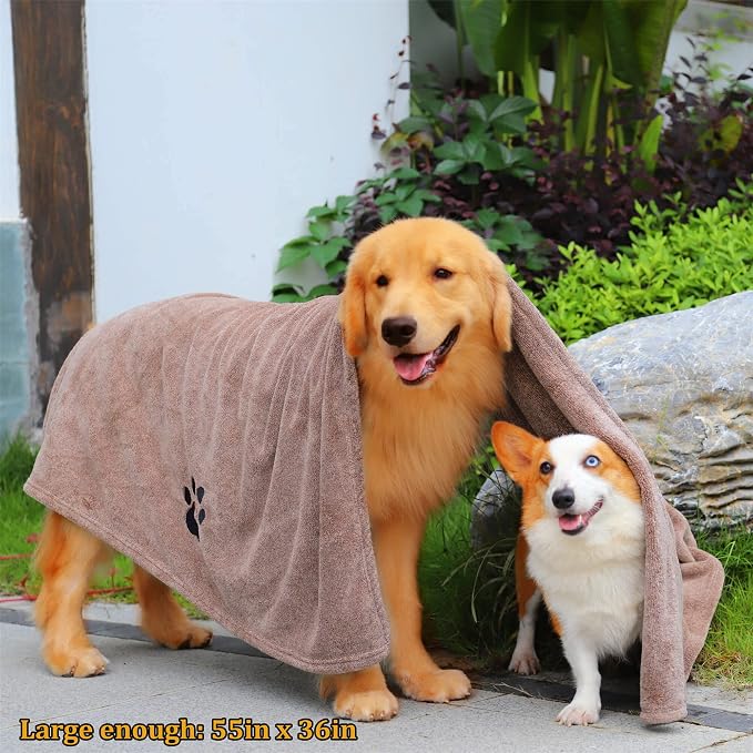 Dogvingpk Extra Large Dog Towel 2 Pack, Super Absorbent Soft Quick Drying Microfiber Pet Bath Towels for Large & Medium Dogs (XL-55" * 36", Grey and Brown)