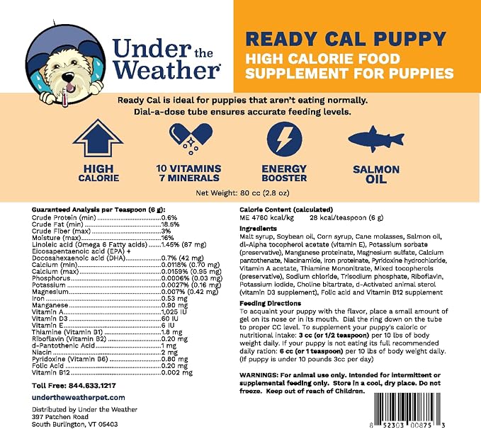Under the Weather Pet | Ready Cal for Puppy | High Calorie Pet Nutritional Supplement for Weight Gain & Healthy Weight Maintenance | 10 Vitamins, 7 Minerals, Omega Fatty Acids & Carbohydrates | 80cc