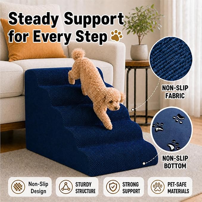 Dog Ramp for Bed,Pet Ramp for High Bed,Dog Stairs for Small & Medium Dogs,Curved Non-Slip Ladder for Older Dogs & Cats,24.4" H,5-Step（Blue）