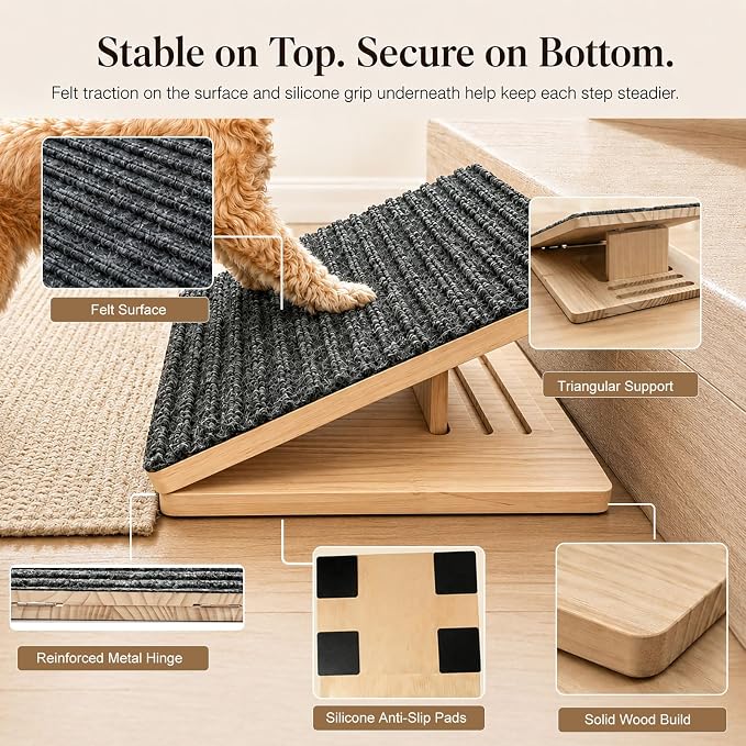 2 Pack Dog Ramp for Stairs - Solid Wood Adjustable & Foldable Pet Ramps, 3 Heights, Non-Slip Silicone Base & Traction Felt, 100lb Capacity, Indoor Stairs & Porch