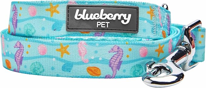 Blueberry Pet Summer Sparkle Dog Leash, Large Size, 4 ft x 1", Turquoise, Ocean Fish and Seahorse Print Nautical Pet Leash