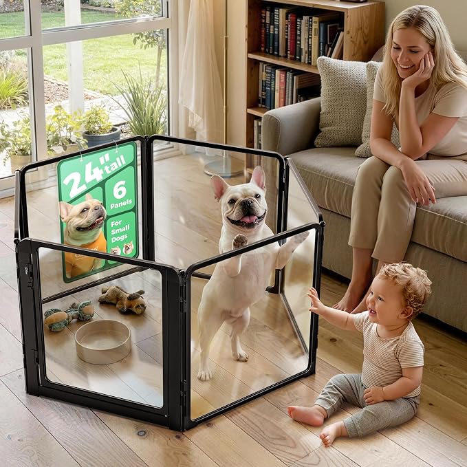 FXW AuraSpace Pro Acrylic Indoor Dog Playpen, Heavy-Duty with Metal Frame, 24" Height 6 Panels for Puppies & Small Dogs, Black│Patented