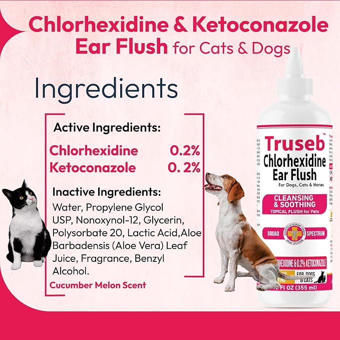 Truseb Advanced Topical Dog Ear Wash with Ketoconazole & Chlorhexidine, 12 oz