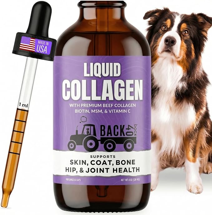 Back 40 Dogs Premium Grass-Fed Liquid Collagen for Dogs Skin and Coat, Hips and Joints | Allergy Relief with Biotin, Vitamin C and MSM for Joint, Nails & Immunity | Made in USA