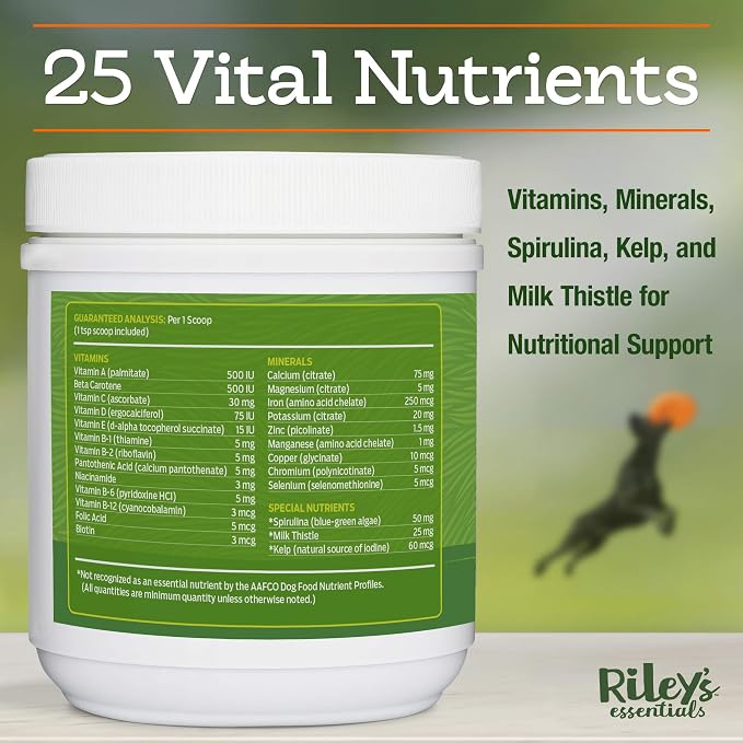 Riley's Multi-Essentials Multivitamin for Dogs - 8oz | Blend of Vitamins, Minerals, Spirulina, Kelp, and Milk Thistle for Nutritional Support - Puppy and Senior Dog Vitamins