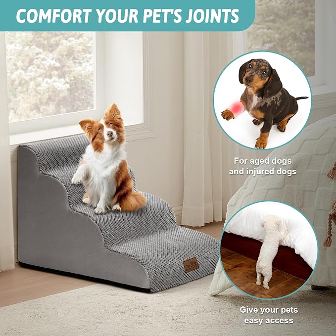 COZY KISS Dog Stairs for Small Dogs 19.7" H, Curved Dog Step for Puppy, Older or Cat, Medium Pet Ramp for Sofa, Couch or Bed, Ladder with High Density Foam, 4 Step, 15.7x28.3x19.7 inch, Grey