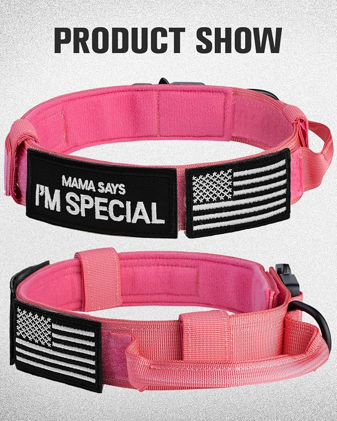 Joytale Tactical Dog Collar(17"-21") and Dog Leash Set, Shock Absorbing Bungee Dog Leash and Adjustable Strong Dog Collar with Handle for Large Dogs(Hotpink, L)