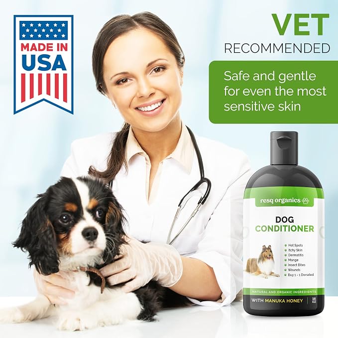 Hypoallergenic Dog Coat Conditioner- Detangles & Softens Fur, Calms Itching & Dryness, Organic Aloe Vera & Manuka Honey Soothes The Skin, Reduces Dandruff, Shedding, Scratching and More 16oz