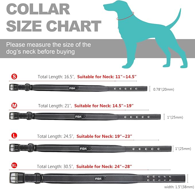 Fida Heavy Duty Dog Collar for Medium Dogs with Metal Belt Buckle, Black | Soft Neoprene Padded for Extra Comfort, Thicker Nylon Webbing, Adjustable Fit, Reflective Stitching for Night Safety