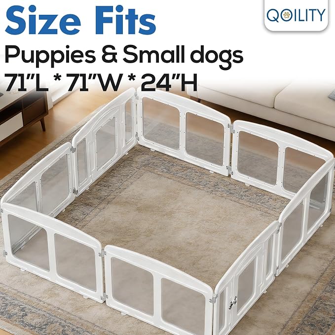 Clear Acrylic Dog Playpen Indoor, Height 24 inch, 8 Panels for Small and Puppy Dogs, White