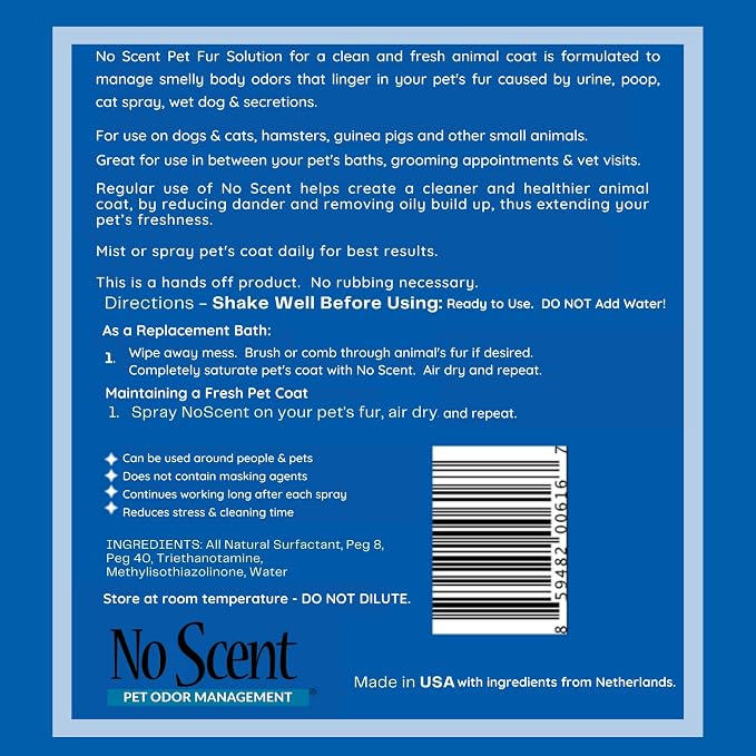 No Scent Pet Fur Odor Spray & Rinseless Cleaner for Dog, Cat, Hamster, Small Animal & Furry Pets (8 Fl Oz / 237 mL)