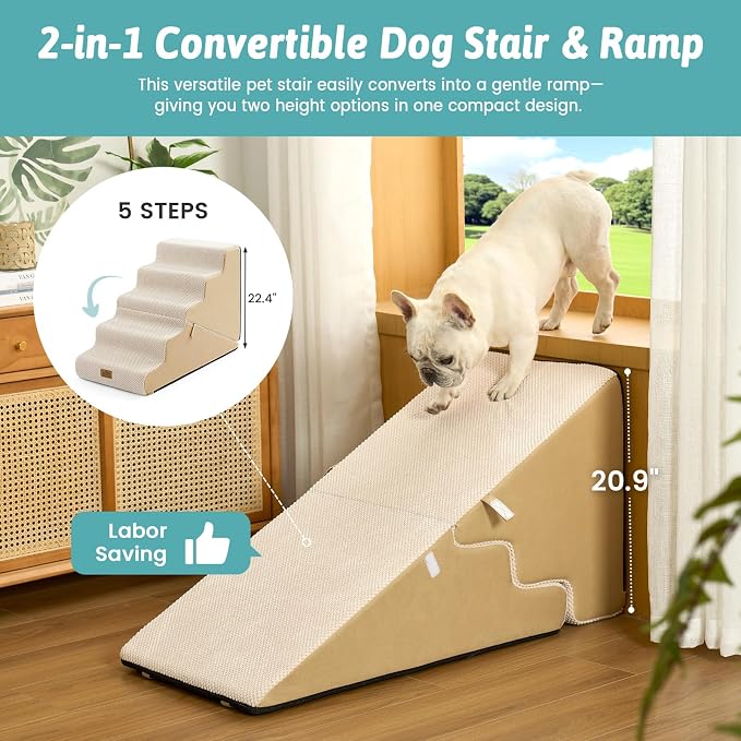 COZY KISS Dog Stairs for Small Dogs, 5-Step 2-in-1 Dog Steps,22.4" H | 5-step dog stairs and ramps for Old Cats, Puppy, Small Dogs,Non-Slip Base,for Couch & Bed, Beige