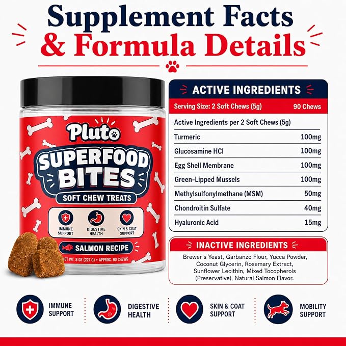 Pluto Superfood Softchew for Dogs, Immune Support Digestive Health Skin & COATSUPPORT Hip and Joint Supplement for Dogs Salmon Flavor 90 Chews (1 PCS)