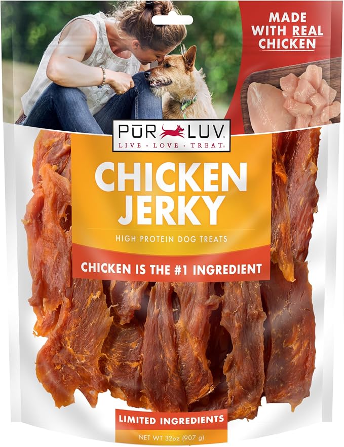 Pur Luv Chicken Jerky Dog Treats, Made with 100% Real Chicken Breast, 32 Ounces, Healthy, Easily Digestible, Long-Lasting, High Protein, Satisfies Dog's Urge to Chew