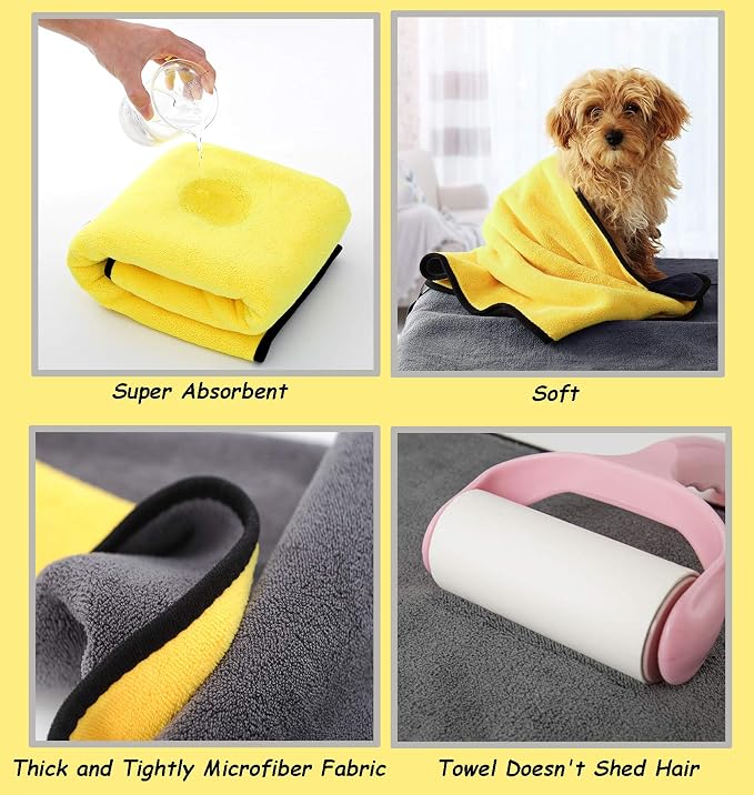 Dog Bath Towel - Super Absorbent Microfiber Dog Towel for Small Medium Large Dogs and Cat, Yellow & Grey 19.7" x 39.4"