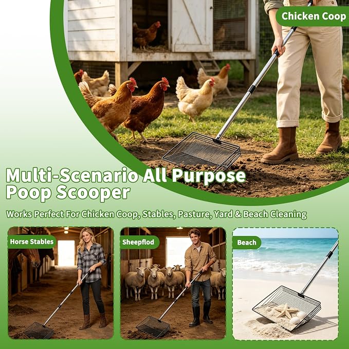Aoocan Chicken Poop Scooper, 2-in-1 Coop Scoop with 10" & 15" Replaceable Heads, Dual Holes Sifter for Sand Litter, Heavy Duty Poop Shovel for Chicken Coop, Goat Stall & Beach