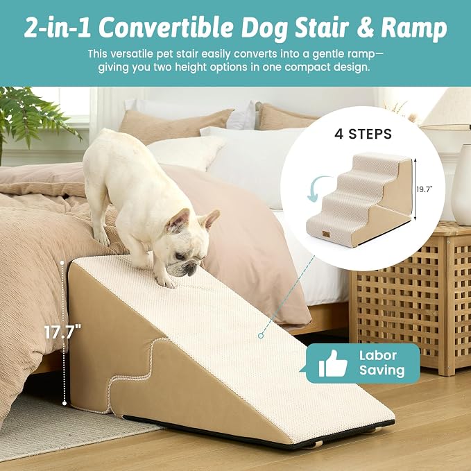 COZY KISS Dog Stairs for Small Dogs, 4-Step 2-in-1 Dog Steps,19.7" H | 4-step dog stairs and ramps for Old Cats, Puppy, Small Dogs,Non-Slip Base,for Couch & Bed, Beige