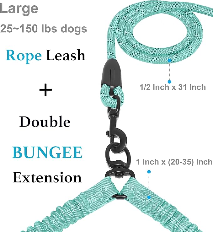 iYoShop Double Dog Leash, 360° Swivel, No Tangle, Large, 25-150 lbs, Teal | Dual Leash for Two Dogs, Split Leash, Shock-Absorbing Bungee, Padded Handle, Heavy-Duty Rope