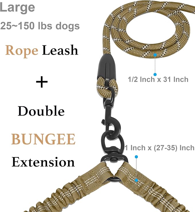 iYoShop Double Dog Leash, 360° Swivel, No Tangle, Large, 25-150 lbs, Khaki | Dual Leash for Two Dogs, Split Leash, Shock-Absorbing Bungee, Padded Handle, Heavy-Duty Rope