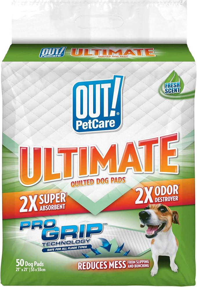 OUT! Petcare Large Dog Pee Pads, Disposable Quilted Training Pads with Pro-Grip, Leak Proof Absorbent Backing, Fast Drying, Puppy Housebreaking, Non Slip, Indoor Pet Potty Supplies, 21x21, 50 Count