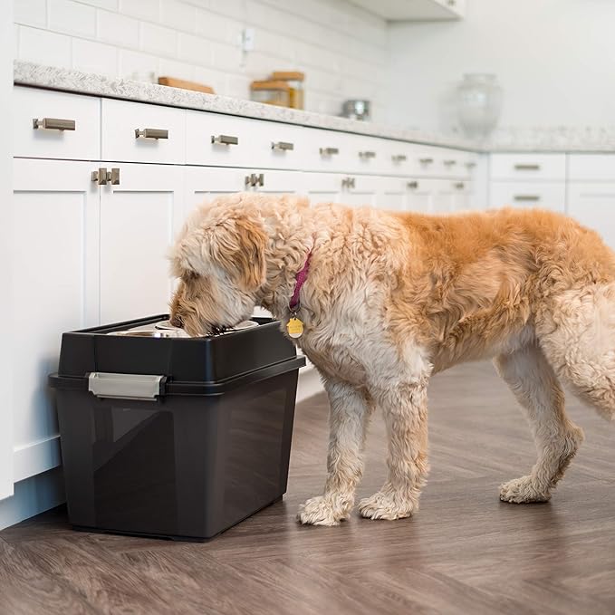 IRIS USA Dog Bowls Elevated with Storage, 15" H Raised Feeding Station, Dog Bowl Stand with Airtight Food Storage Holds 47 lbs, 2 Removable 64 oz Stainless Steel Bowls for Large Dogs, Smoke/Black