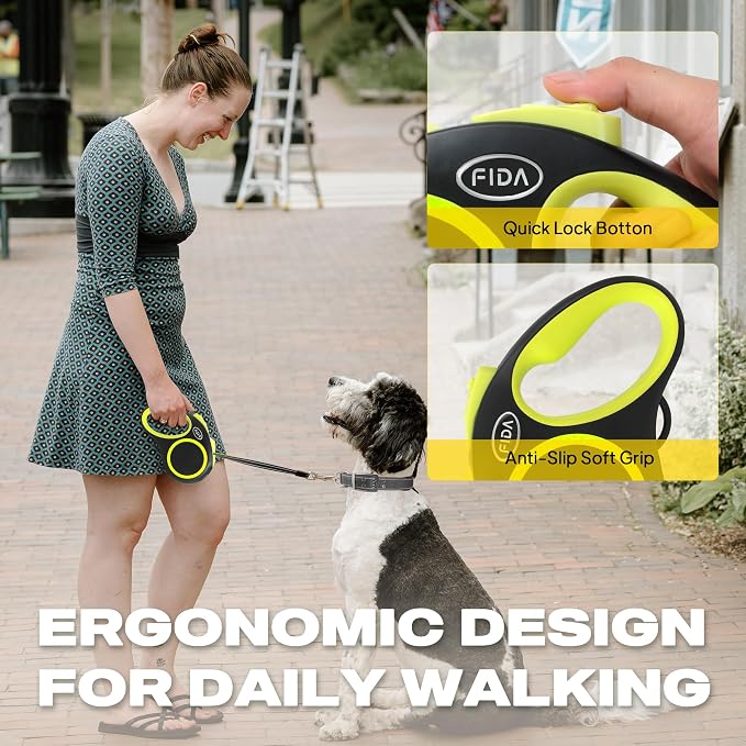 Fida Retractable Dog Leash, Reflective 16ft Heavy Duty Pet Walking Leash for Small/Medium Dog up to 26 lbs, Tangle Free. One-Hand Brake (Small, Neon Yellow)