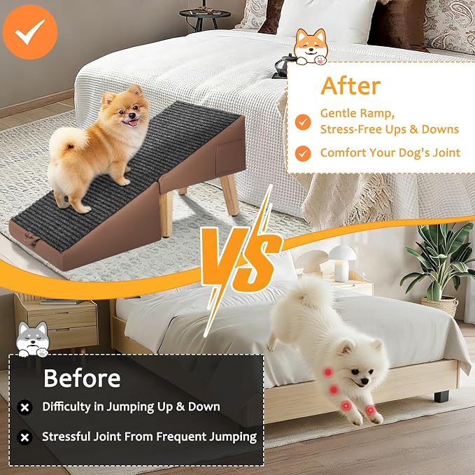 2-in-1 Foldable Dog Ramp for Couch and Bed, 14.4" H Dog Ramps for Small Dogs and Cats, Wooden Pet Stairs with Non-Slip Mat & Side Pockets, Split Ottoman Pet Ramp Steps for Medium Dogs, Puppy