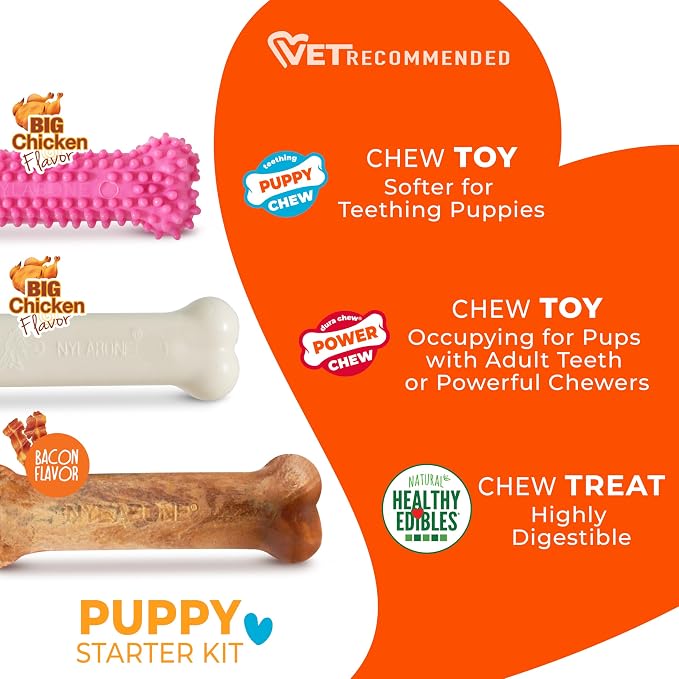 Nylabone New Puppy Starter Kit, Puppy Teething Toys, 3 Pack, Pink | Teething toys for puppies, natural chew treat & toy set for small dogs up to 25 lbs, long lasting chicken & bacon flavor