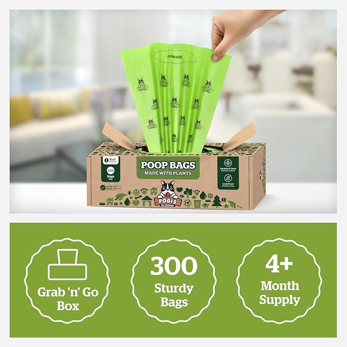 Pogi's Compostable Poop Bags for Home & Yard – Leak-Proof, Extra-Large, Made with Plants (Single Roll, 300-Count)