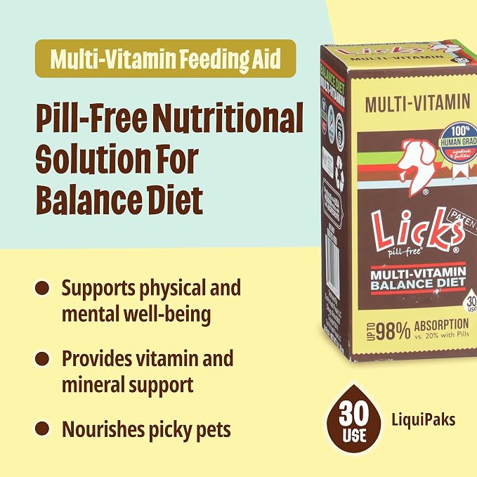 Licks Multi-Vitamin, Calcium & Vitamin B12, for Dogs, 30 Packets | Daily Nutritional Support for Puppies, Adults and Seniors, Canine Multivitamin with Vitamin A, D, E and B12, Pill-Free