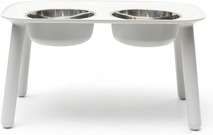 Messy Mutts Elevated Double Dog Feeder, Adjustable Height, Light Grey | Adjustable-Height Elevated Double Dog Feeder With Two 5 Cup Stainless Bowls, Legs Set To 3, 5, Or 10 Inches