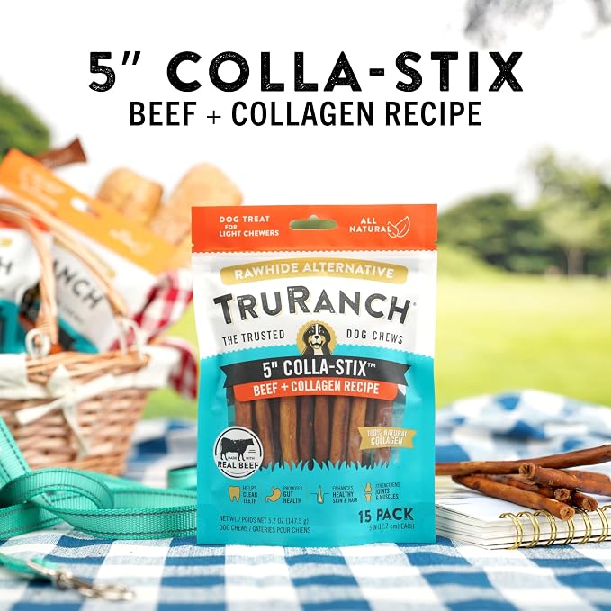 TRURANCH Collagen Sticks - 5" Collagen Sticks for Dogs - Long Lasting Healthy Joint Support - Rawhide Alternative - Skin & Coat Health - Made with Real Beef, Value Pack, 15 Bags, 225 Count