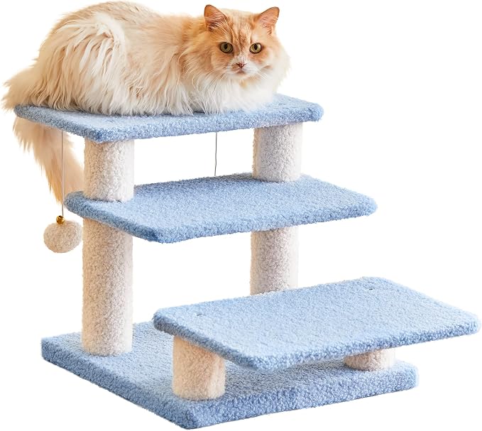 15''H Multi-Step Pet Stairs for High Beds & Sofas, 3-Step Cat Stairs with 2 Toy Balls, Wide Boards for Indoor Kittens Dogs Pets Climbing, Blue
