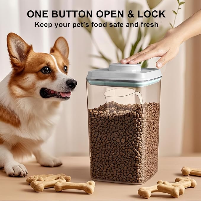 3-5 Lbs Dog Food Storage Container with 130ml Scoop, 5 Lbs, silicone / PET Plastic