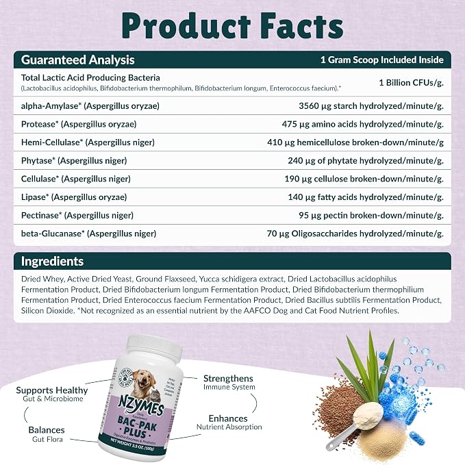 Nzymes Bac-Pak Plus 200 Grams Digestive Enzymes and Probiotics for Digestion, Loose Stools, Diarrhea, Constipation, Improved Nutrient Uptake - Made in The USA