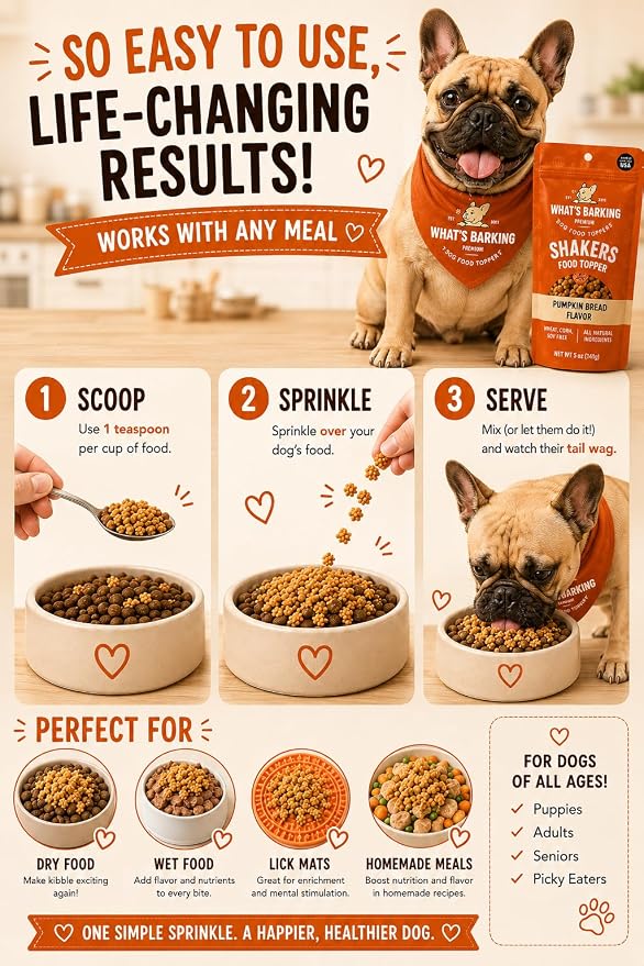 What's Barking Shakers Pumpkin Bread Dog Meal Topper, Treat Crumbles for Dog Food, Sprinkle Topper for Kibble or Wet Food, Made in USA, Resealable Bags, Pack of 3