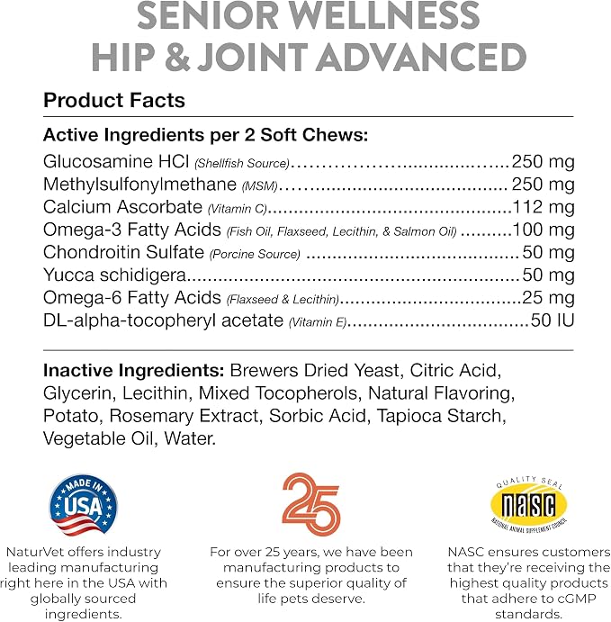 NaturVet Senior Dog Wellness Hip & Joint Advanced Plus - 120 Soft Chews