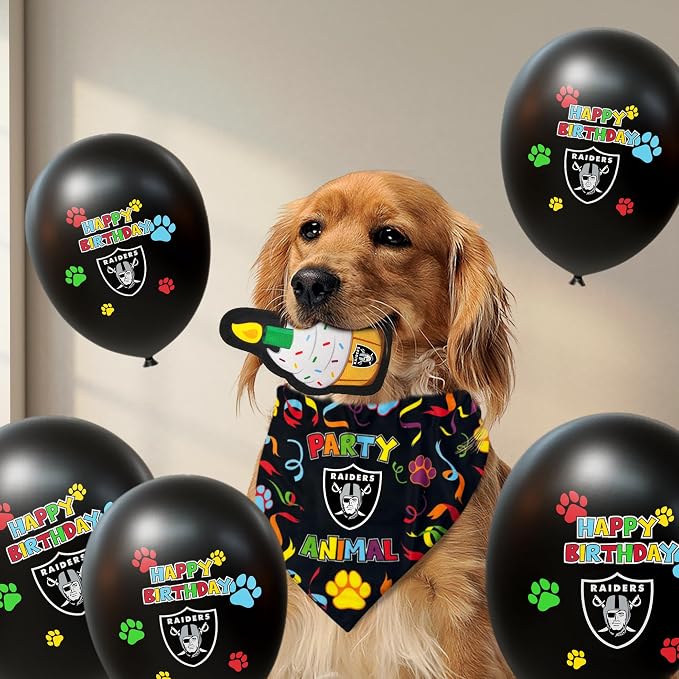 NFL LAS Vegas Raiders Dog Birthday Party Set 8pcs with 1 Football Bandana Large/X-Large, 1 Birthday Cake Toy & 6 B-Day Balloons, Dog Birthday Set, Costume, Fun Doggie Party Accesories