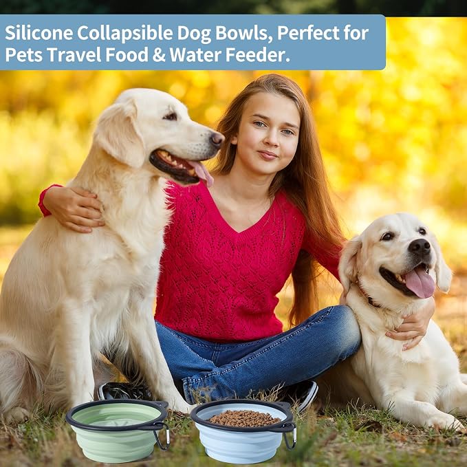 2-Pack Silicone Collapsible Dog Bowl, Ear Shape, 25oz, Light Blue and Green
