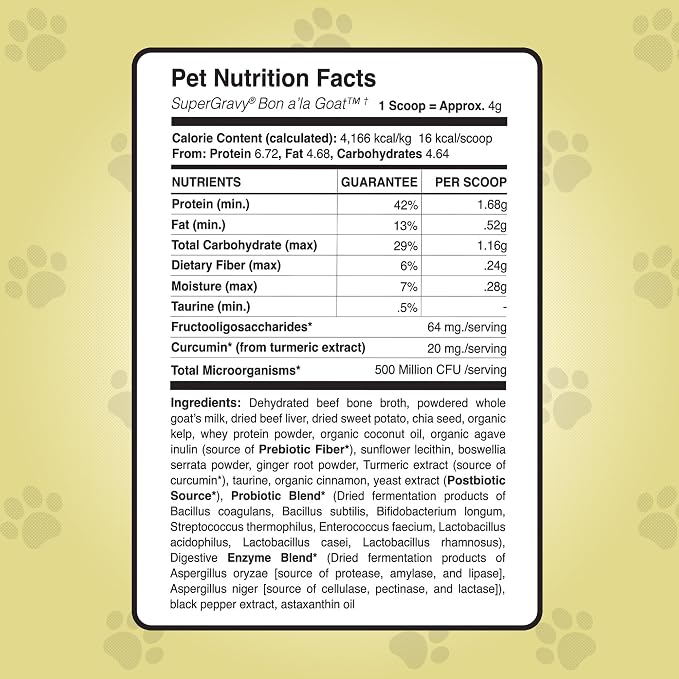 CLEAR CONSCIENCE PET® Bon A'la Goat SuperGravy® Dog Food Topper Hydration Broth Mix Greek Yogurt Cheese Blend Kibble Seasoning Probiotics Prebiotics Enzymes Taurine 18 oz. 120 Scoop, All Life Stage