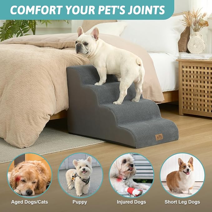 COZY KISS Wide Dog Stairs for Small Dog 19.7" H, 4 Step Pet Ramp for Bed | Curved Stable Dog Step for Puppy, Older Cat, Senior, Medium, Short-Legged Dog, Non-Slip Ladder, 17.7 inch Width, Dark Grey