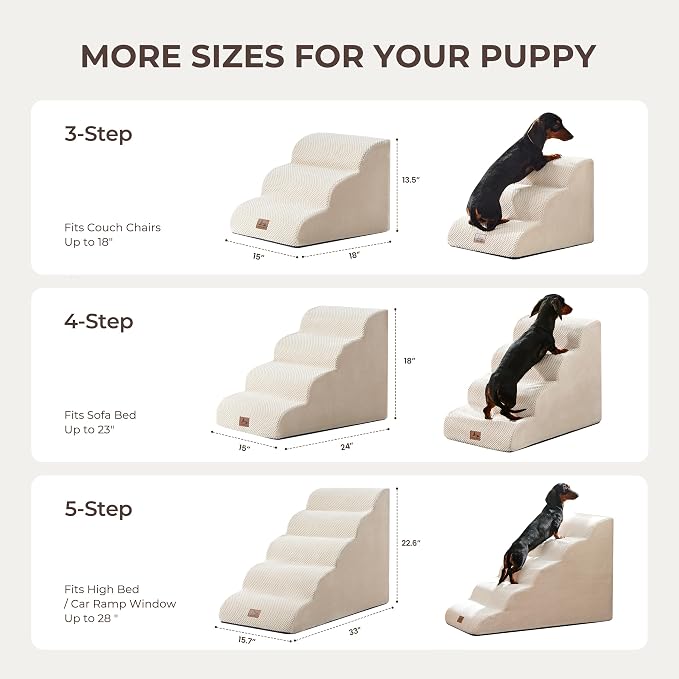 Dog Stairs for High Bed 13.5" H, 3-Step Dog Steps for Small Dogs and Cats, Pet Steps Ramp for Couch Sofa, Non-Slip Stable Indoor Pet Ladder with High Density Foam, Beige