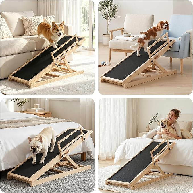 Dog Ramp for Bed, Sofa & Car, for Senior, Injured & Small to Large Dogs | 6 Height Settings (20.3"-27") , Non-Slip Carpet Surface , Solid Wood 200LB Capacity, Foldable with Side Safety Rails