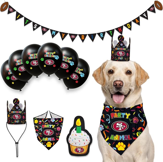 NFL San Francisco 49ers Pet Birthday Bandana, NFL Dog Birthday Party Set and Costume, Licensed Dog & Cat Birthday Party Scarf, Football Team Pet Outfit, Puppy Bday Accessory, Size Large/X-Large