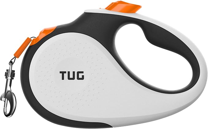 TUG Original Retractable Dog Leash, 16 ft (Large, White/Orange) | 360° Tangle-Free Retraction, 16 ft Tape, Quick Thumb Lock, Anti-Slip Handle, For Dogs Under 110 lbs