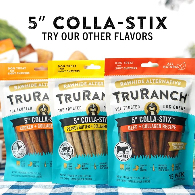 TRURANCH Collagen Sticks - 5" Collagen Sticks for Dogs - Long Lasting Healthy Joint Support - Rawhide Alternative - Skin & Coat Health - Made with Real Peanut Butter, Value Pack, 3 Bags, 45 Count