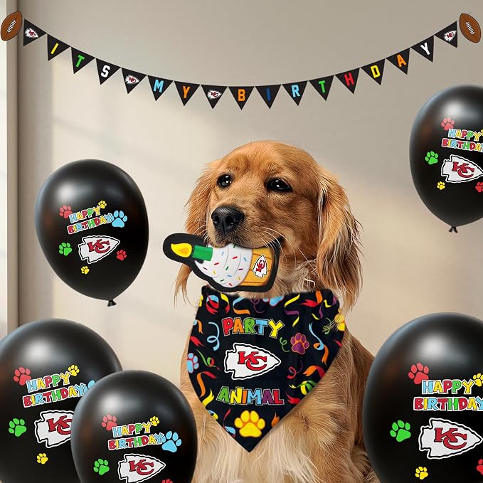 NFL Kansas City Chiefs Dog Birthday Party Set 9pcs with 1 Football Bandana Small/Medium, 1 Banner, 1 Birthday Cake Toy & 6 B-Day Balloons, Dog Birthday Set, Costume, Fun Doggie Pawty Accesories