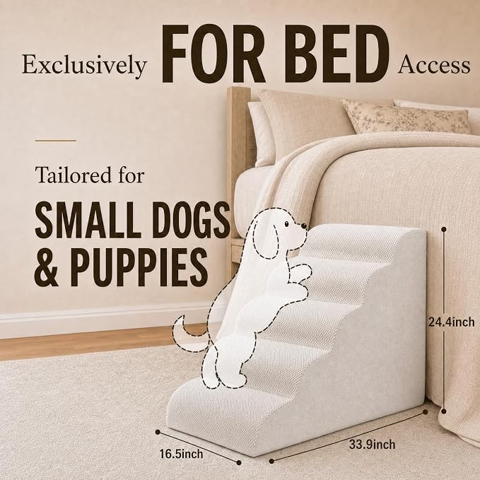 Dog Ramp for Bed,Pet Ramp for High Bed,Dog Stairs for Small & Medium Dogs,Curved Non-Slip Ladder for Older Dogs & Cats,24.4" H,5-Step (White)