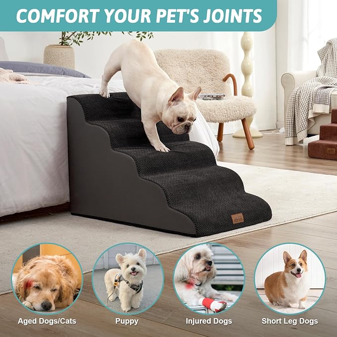COZY KISS Extra Wide Dog Stair for Small Dog, 5 Step Pet Ramp for Bed | Curved Stable Dog Step for Puppy, Older Cat, Senior, Medium, Short-Legged Dog, Non-Slip Ladder for High Bed, 22.4" H, Black